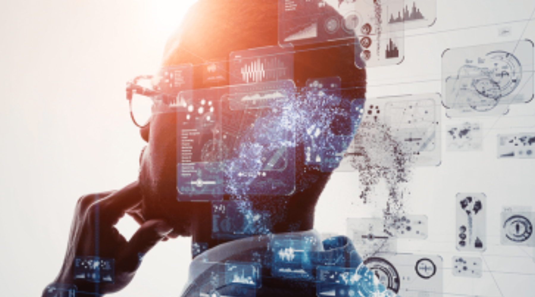 a person with glasses stroking their chin with images of data sets and graphs swirling in their mind.