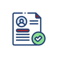 A resume icon with a profile picture placeholder, text lines, and a green checkmark circle, suggesting an approved or verified document.